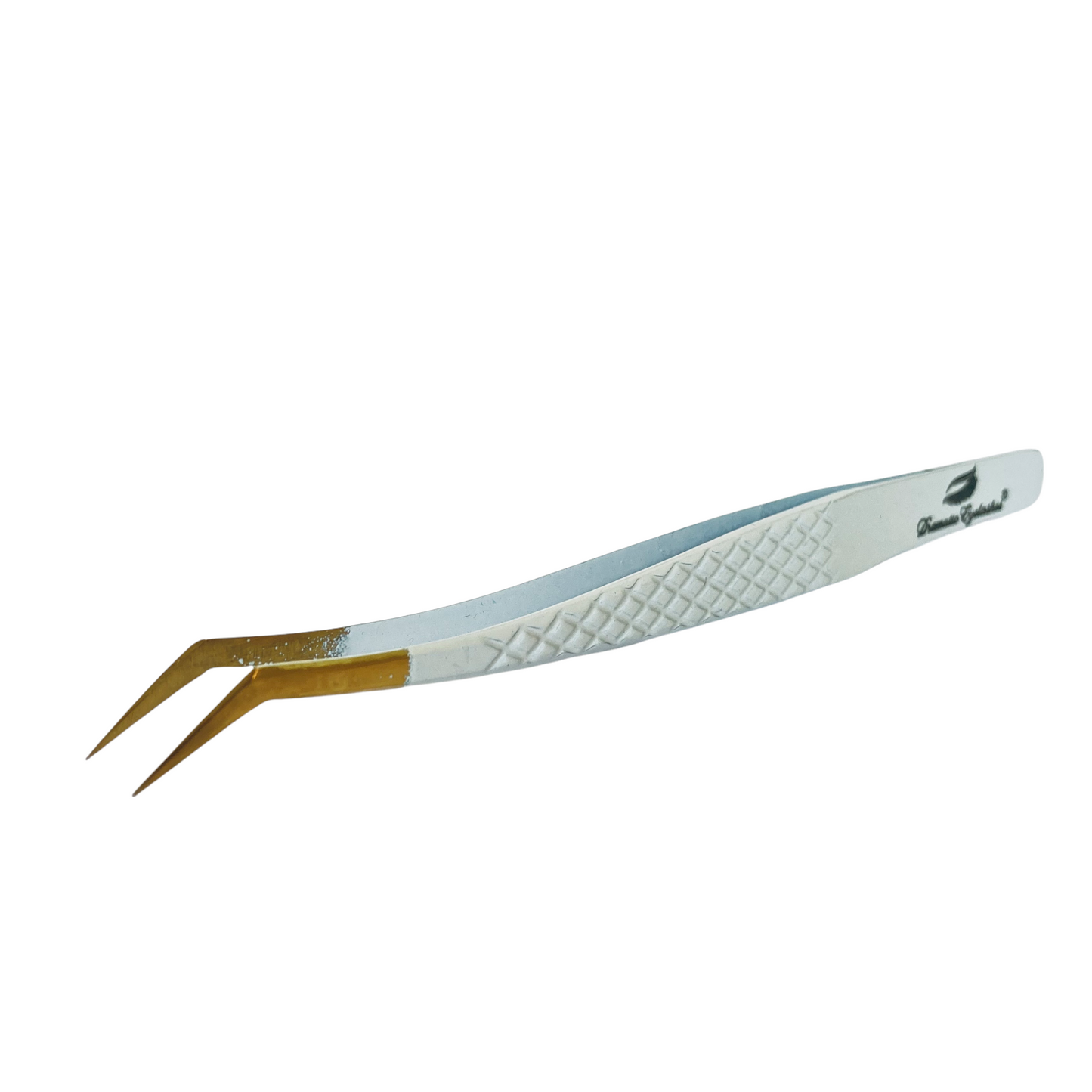 Dramatic Eyelashes - White with Gold Tip, Volume Fan Tweezers have long angled precision tips and grip for fanning Russian Volume.